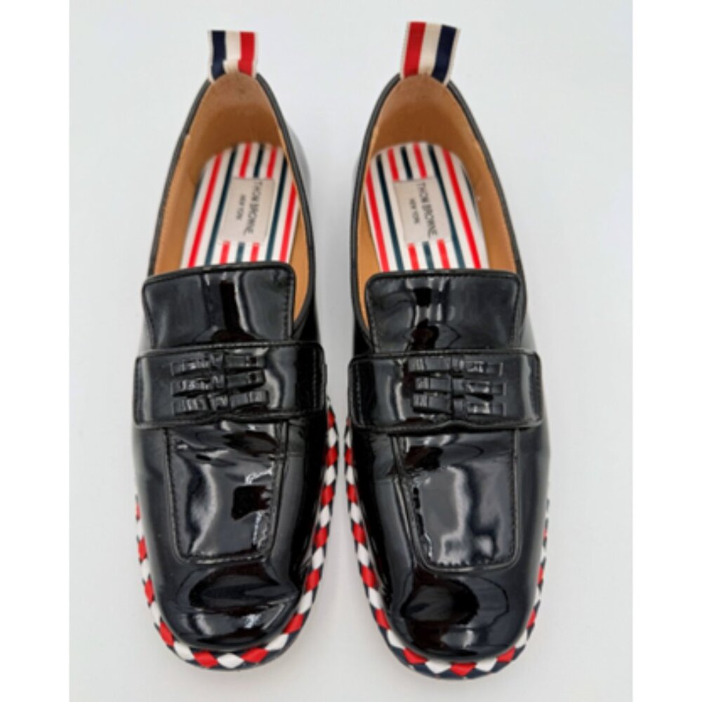 Thom Browne Black Patent Leather Loafers with Red White and Blue Trim